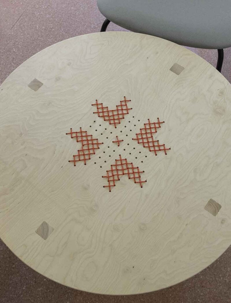 Keelekohvikus ruumis on ristpiste tehnikas tikitud lauaplaadid.